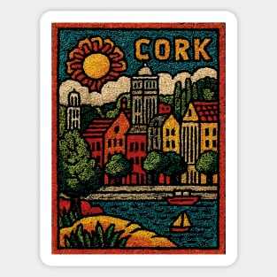 Colorful Cork Harbour Linocut Print | Retro Irish Seaside Village Sticker